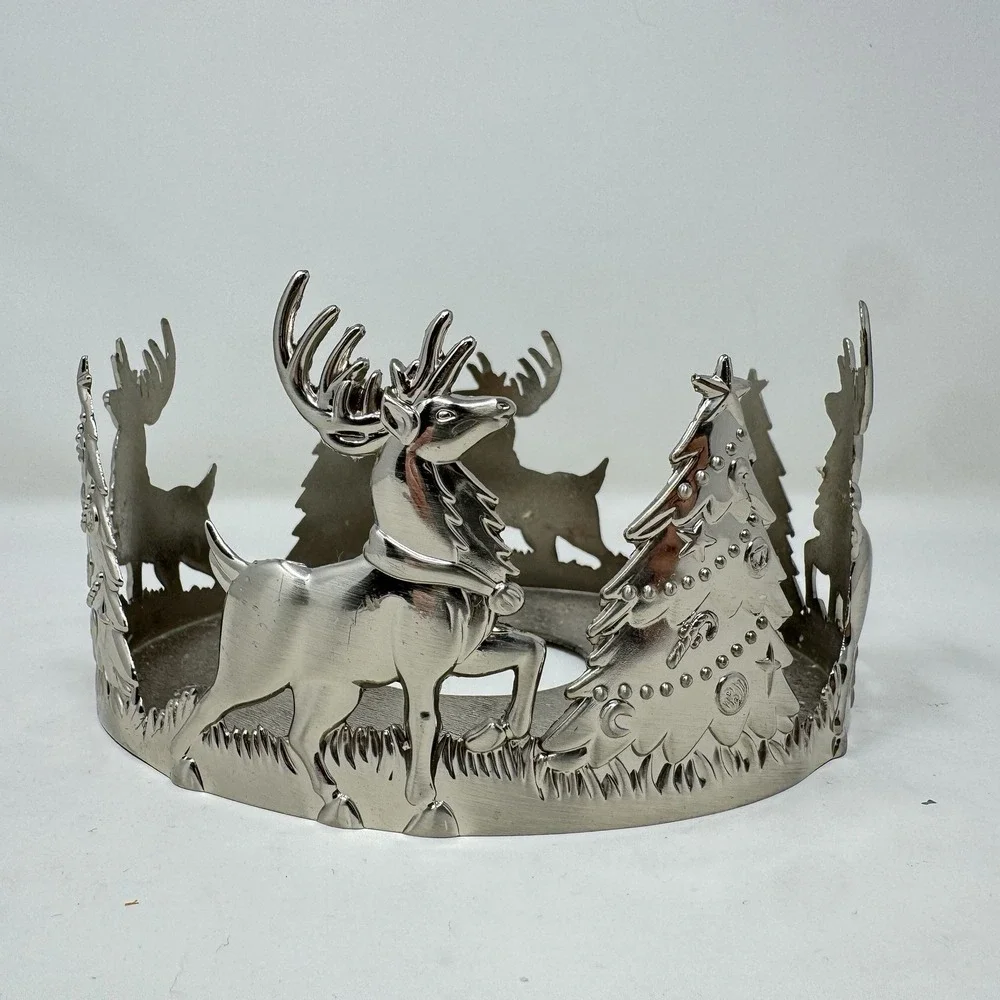 VTG International Silver Holiday Reindeer Tree Candle Pillar Holder 6